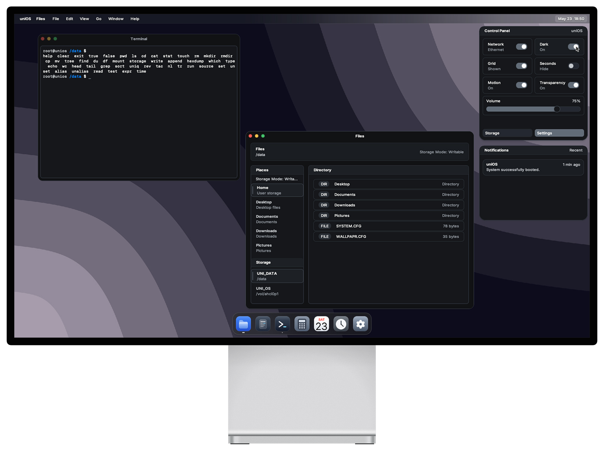 uniOS desktop session in dark mode