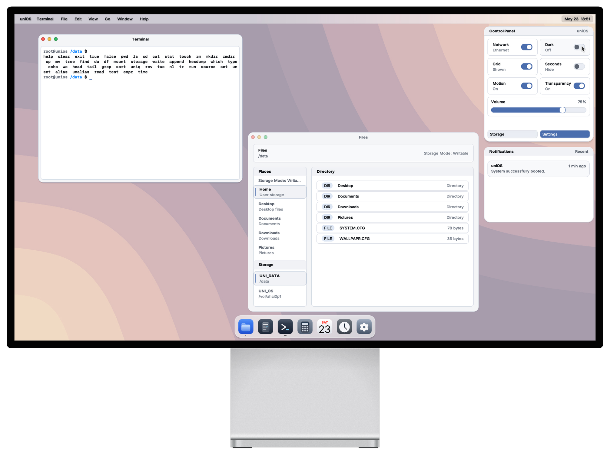 uniOS desktop session in light mode